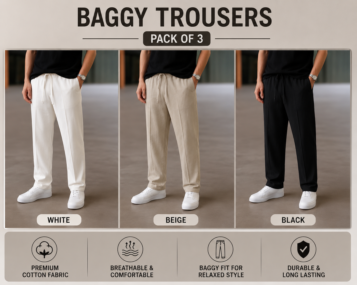 Single Line Baggy Trouser - White